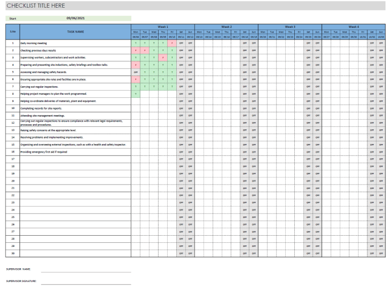 Daily work checklist template preview