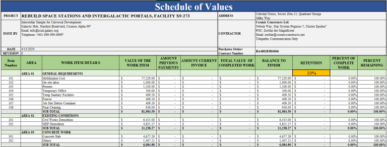Project schedule of values template preview