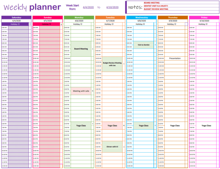 Weekly planner Excel model template preview